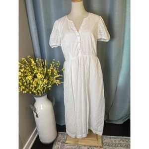 J. Crew White Eyelet Puff Sleeve Fit & Flare V-Neck Midi Dress Size 14